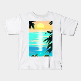 Summer Sunset Palm Tree Beach Ocean Artistic Paradise Kids T-Shirt